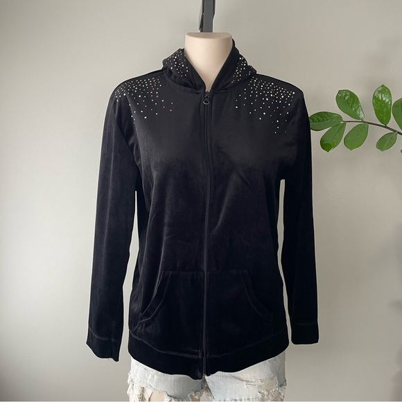 Y2K Vintage Zoey & Beth Velvet Velour Zip Up Hoodie Rhinestones Embellished - Picture 1 of 12